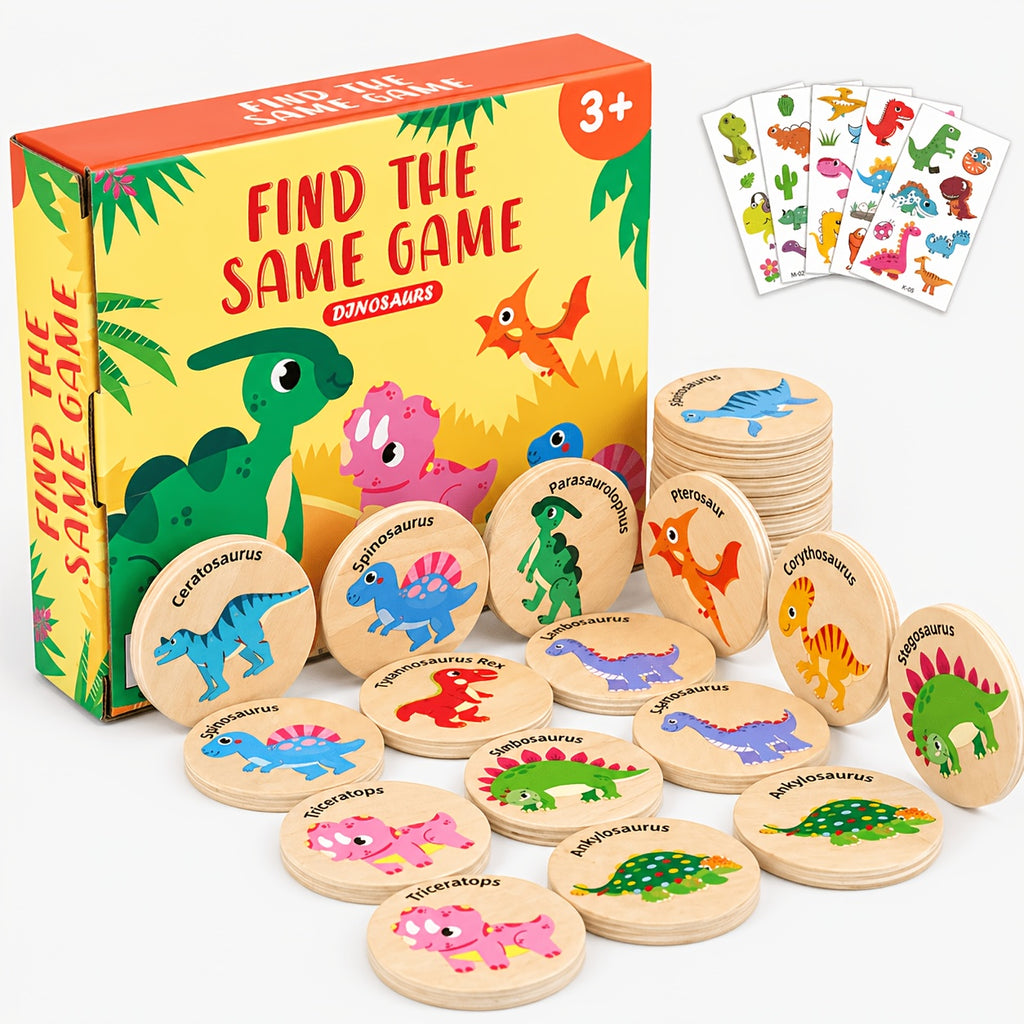 Memory Matching Game for Kids 24 Pieces Wooden Match Cards - Dinosaur Marine Vehicle & Food Themes, Educational Preschool Concentration Card Game, Toddler Learning Toy Gift for Boys Girls Ages 3+