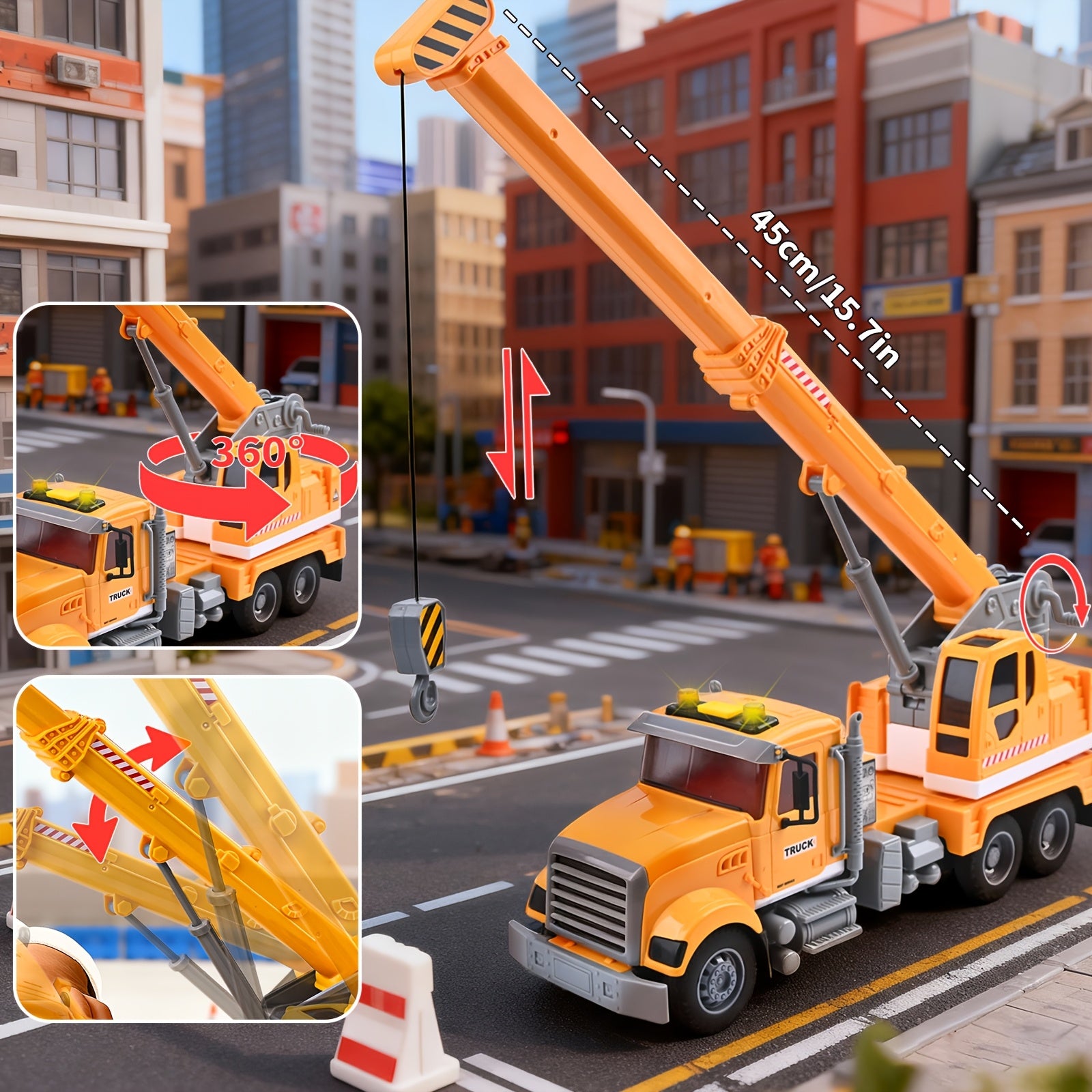 13-Inch Tow Truck Toy for Kids with Lights & Sounds – Friction Powered Transport Crane Truck with Movable Arm & Roadster, Birthday Gift for Boys Ages 3 4 5 6