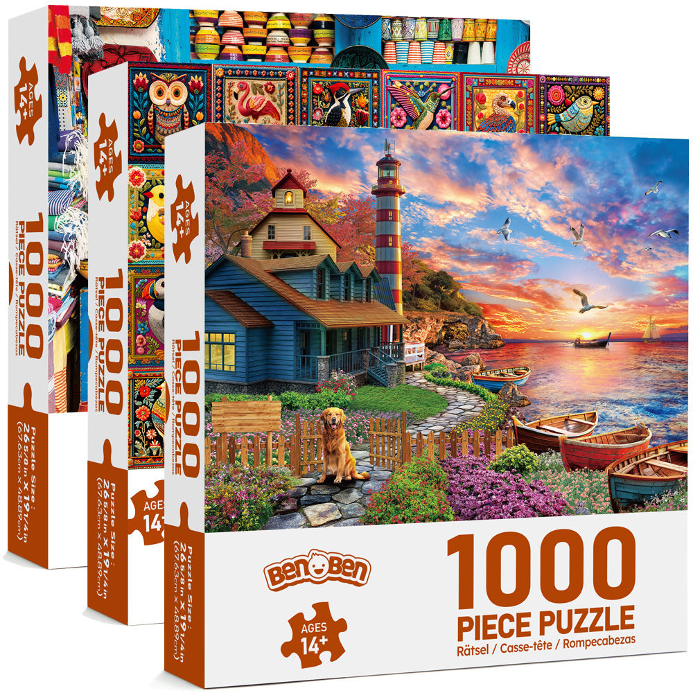 1000 Piece Jigsaw Puzzles for Adults 3-Pack, Sunset Lighthouse Bird Crochet Moroccan Pottery Themes, Brain Teaser Family Fun with Storage Box, Christmas Birthday Gift Ages 14+