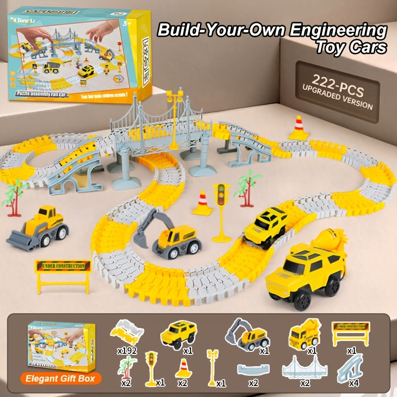 Kids Electric Track Car Toy Set Engineering Race Track with Elevated Bridge Tunnel Roller Coaster Scene Building Assembly – Birthday Gift Boys Girls Ages 3-8