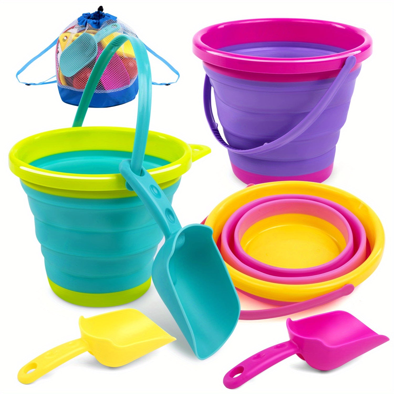 Foldable Beach Bucket Set 3 Pack Collapsible Sand Pails with Shovels & Mesh Bag – Kids Beach Toy for Sand Play, Pool, Camping