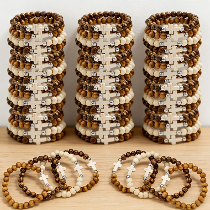 Cross Bracelet Christian Baptism Gift Set 20/40pcs Vintage Ethnic Alloy Pendant Woven Elastic Jewelry Toy Random Colors Kids Party Favor