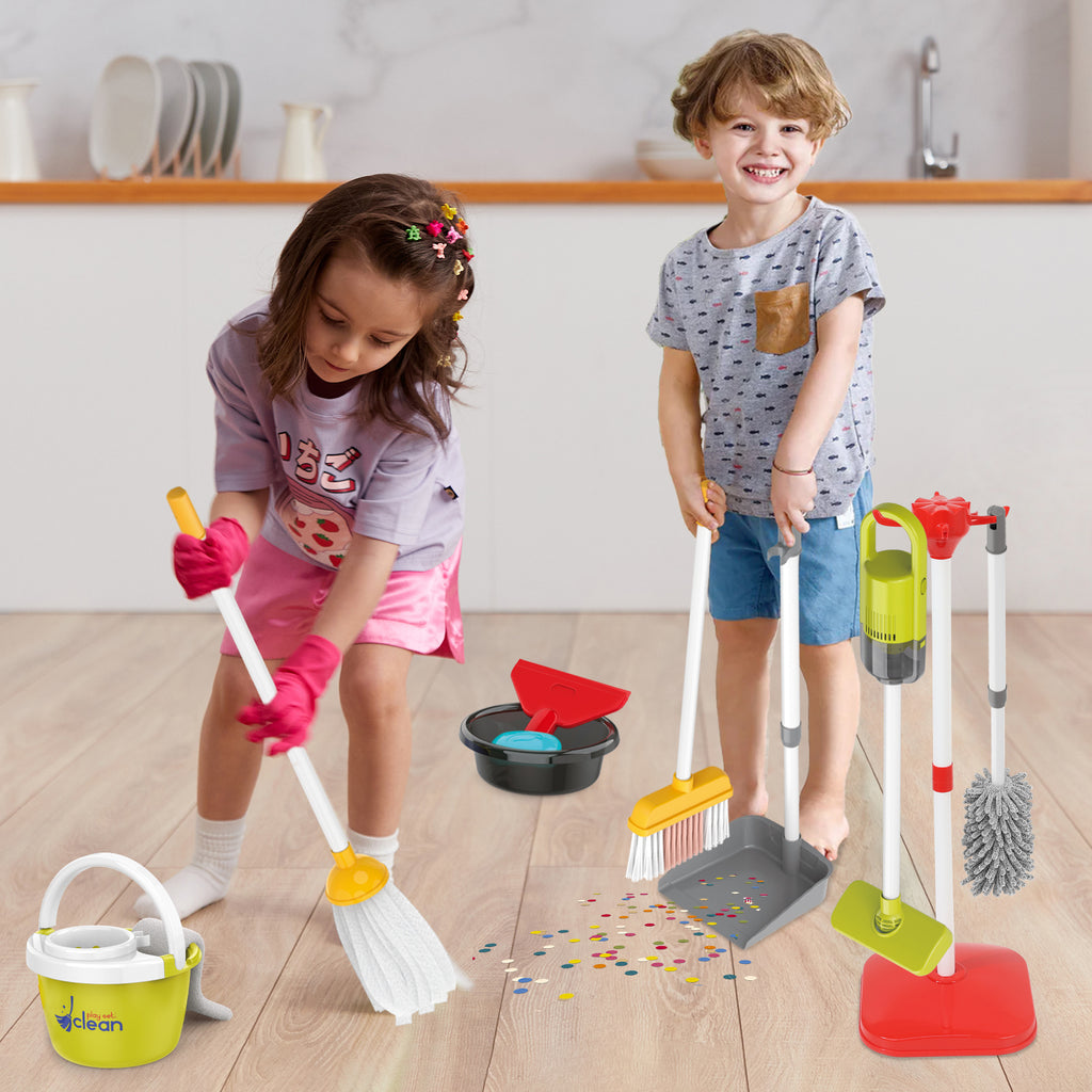 Kids Cleaning Toy Set 14 Pcs Pretend Play Housekeeping Playset with Electric Vacuum That Really Works Broom Dustpan Mop Birthday Gift Girls Boys