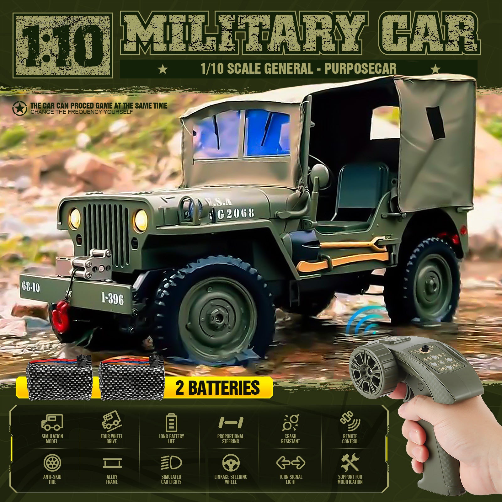 RC Truck 1:10 Scale 4WD 4x4 Off Road Remote Control Car Full Proportional 2 Rechargeable Batteries All Terrain Big RC Vehicle Gift for Boys Youth