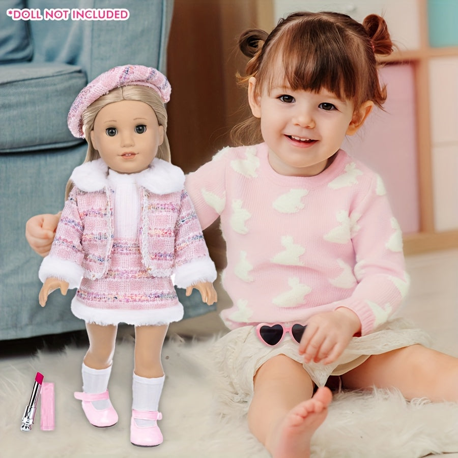 18 Inch Doll Knitted Clothes Outfit Set – Hat, Jacket, Skirt, Lipstick, Shoes, Socks & Sunglasses for 16-18 Inch Baby & Reborn Dolls, Pink & Purple, Complete 7-Piece Fashion Gift for Girls Ages 3+