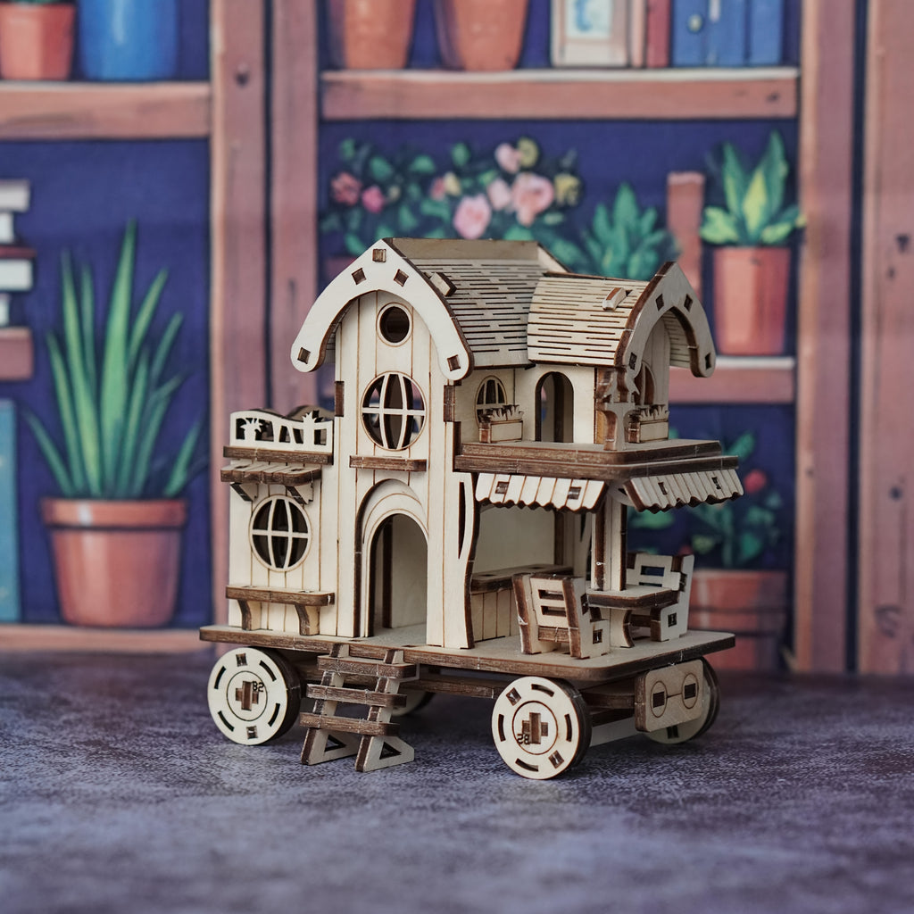 3D Wooden Puzzle Villa Model Kit, Mobile Café Bar on Wheels Handcrafted Wood Assembly Building Blocks, Creative DIY Brain Teaser Gift for Adults Teens & Kids