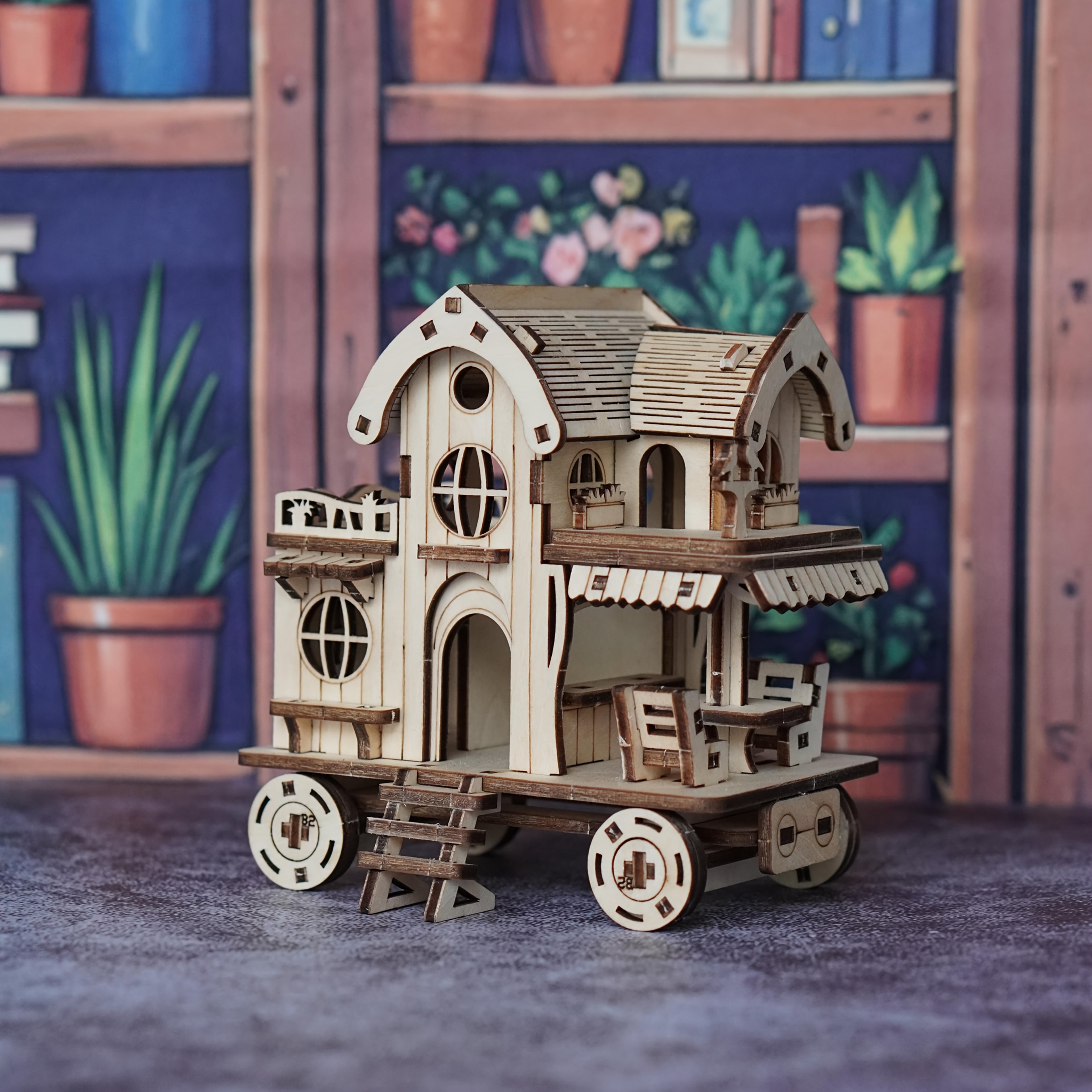 3D Wooden Puzzle Villa Model Kit, Mobile Café Bar on Wheels Handcrafted Wood Assembly Building Blocks, Creative DIY Brain Teaser Gift for Adults Teens & Kids
