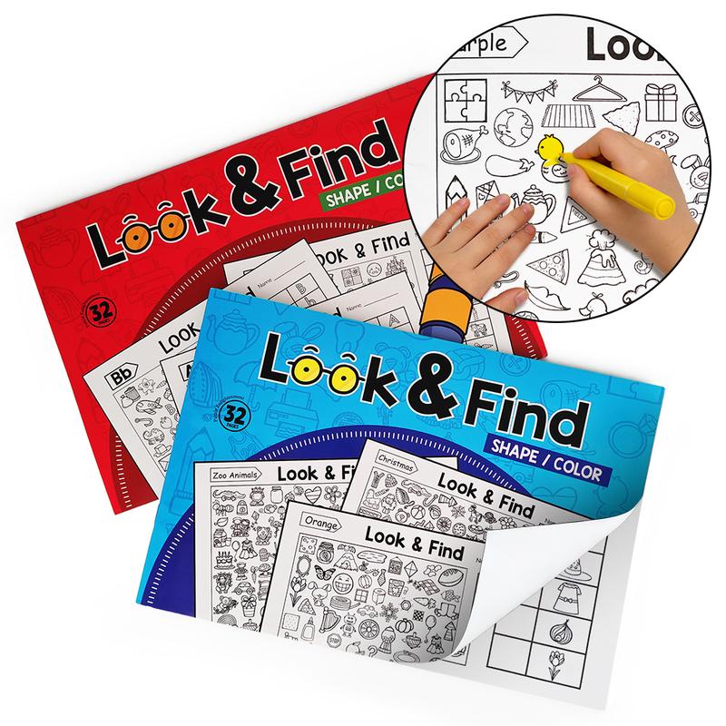 Look and Find Coloring Books for Kids Ages 3-4, 2-Pack Paper Activity Books with Hidden Object Scenes, Coloring Areas and Find-and-Mark Games for Travel