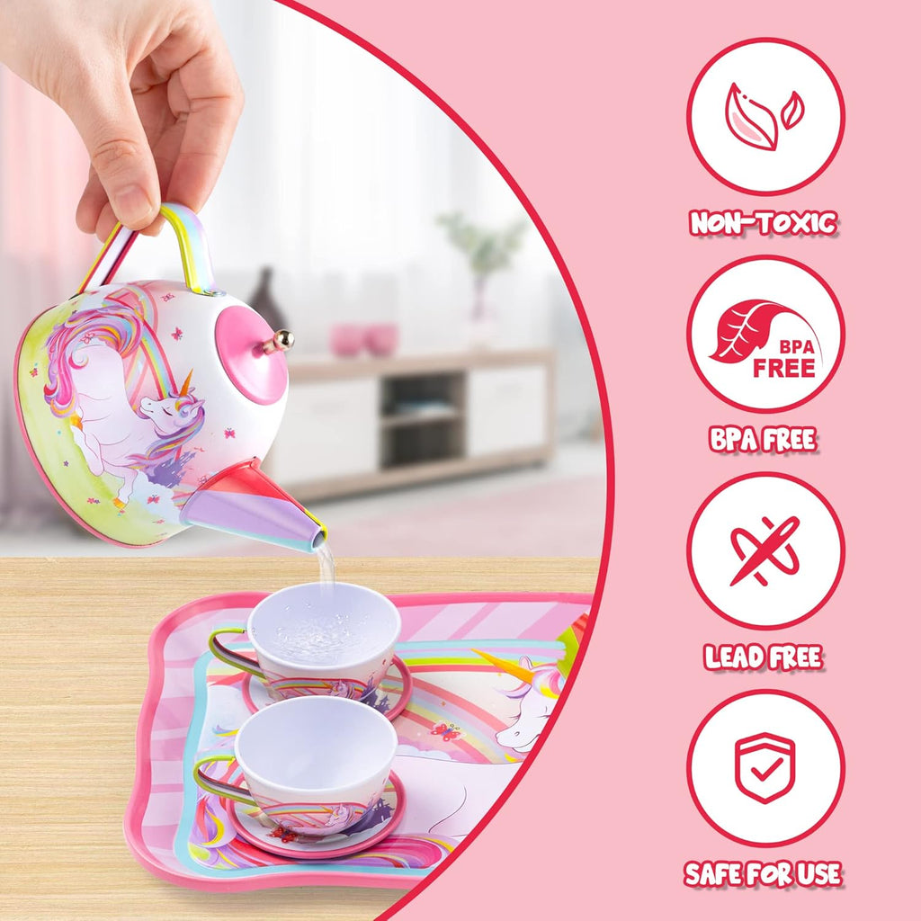 Unicorn Tea Party Set for Girls 15 Pcs Pretend Play Pink Tin Teapot Set with Carrying Case Toddler Tea Set Birthday Christmas Gift Ages 3 and Up