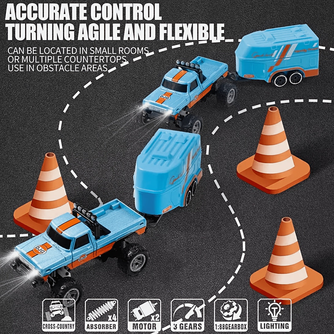 RC Monster Truck with Trailer App Controlled Alloy Die-Cast 3-Speed Heavy-Duty Suspension Underbody LED Lights USB Rechargeable Indoor Outdoor Kids Gift