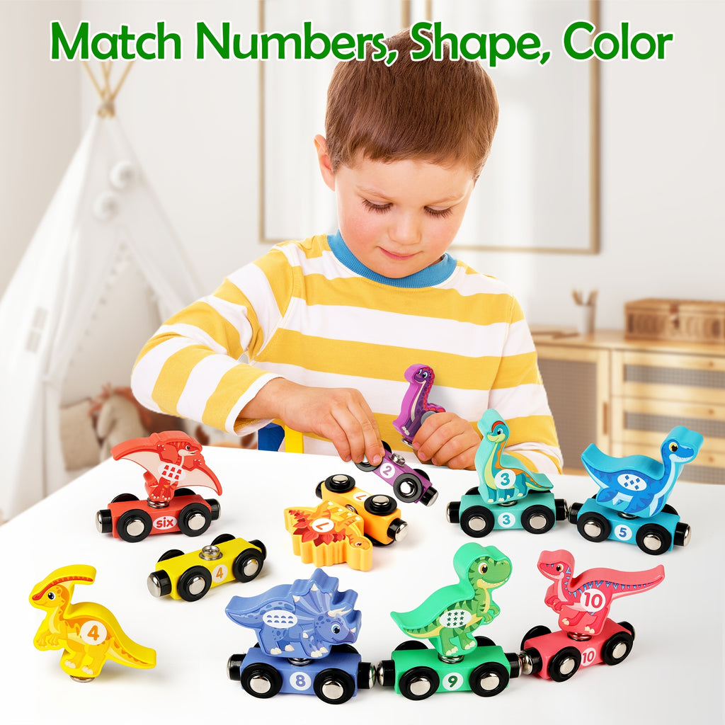 Dinosaur Magnetic Wooden Train Set 11pcs Number Learning - Educational STEM Toy for Toddlers Ages 3-5, Birthday Christmas Gift for Boys & Girls