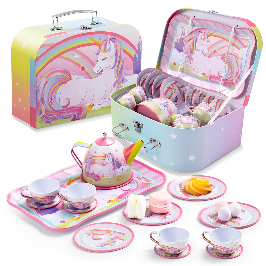 Unicorn Tea Party Set for Girls 15 Pcs Pretend Play Pink Tin Teapot Set with Carrying Case Toddler Tea Set Birthday Christmas Gift Ages 3 and Up