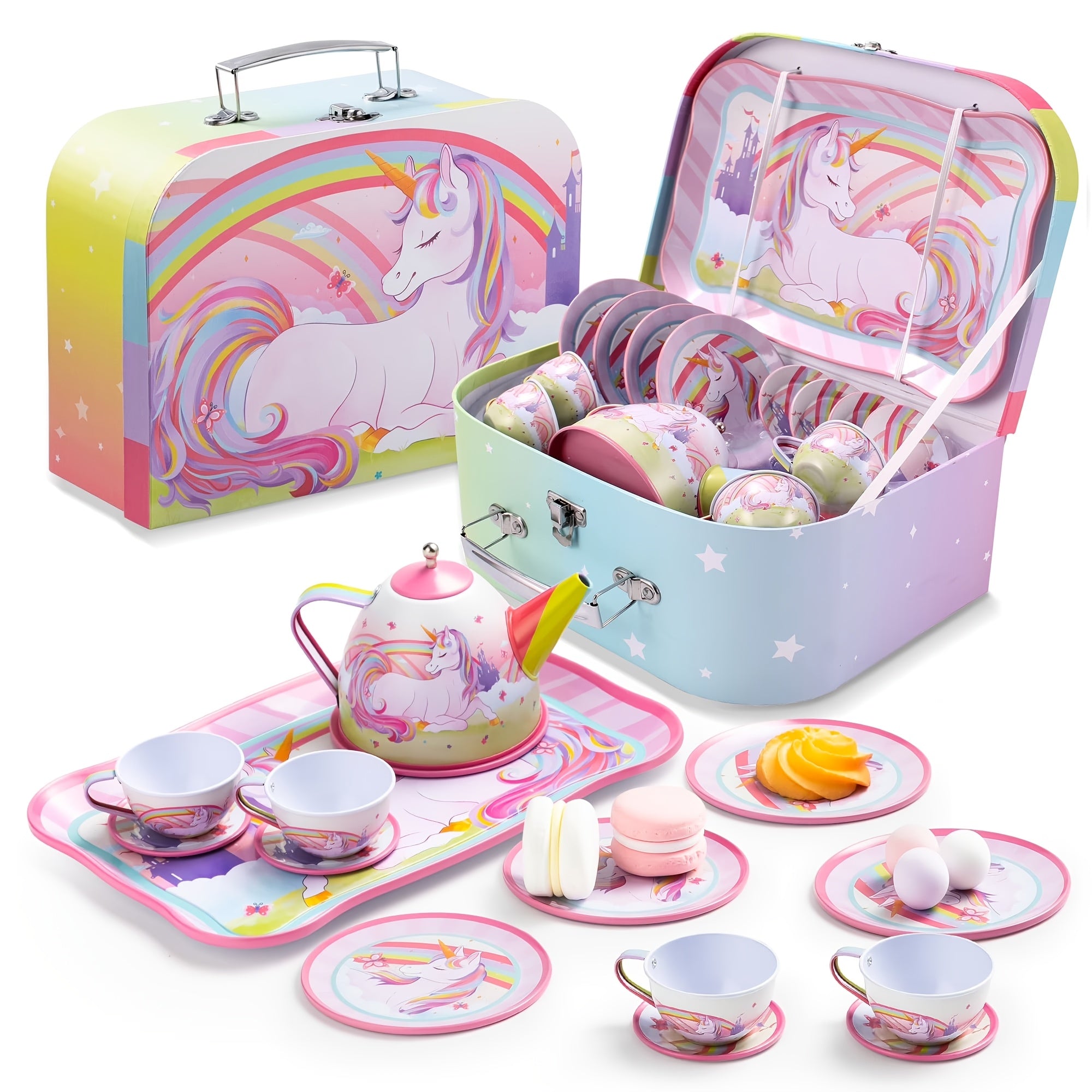 Unicorn Tea Party Set for Girls 15 Pcs Pretend Play Pink Tin Teapot Set with Carrying Case Toddler Tea Set Birthday Christmas Gift Ages 3 and Up