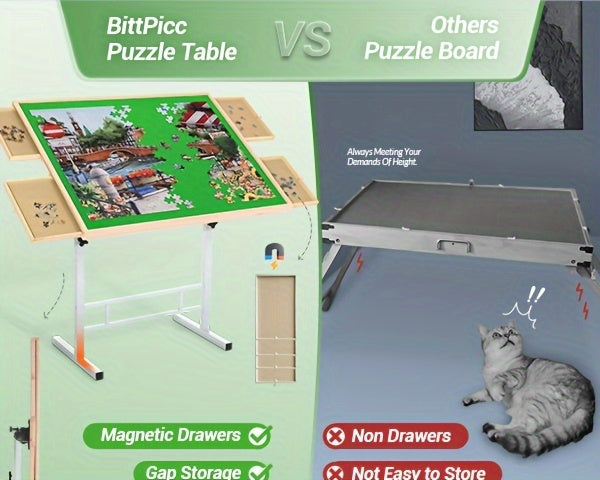 Jigsaw Puzzle Table with 4 Drawers for 1500 Pieces Adjustable Angle & Height 35x26 Inch Tilting Puzzle Board Metal Legs Ergonomic Gift for Adults Neck Back Pain Relief