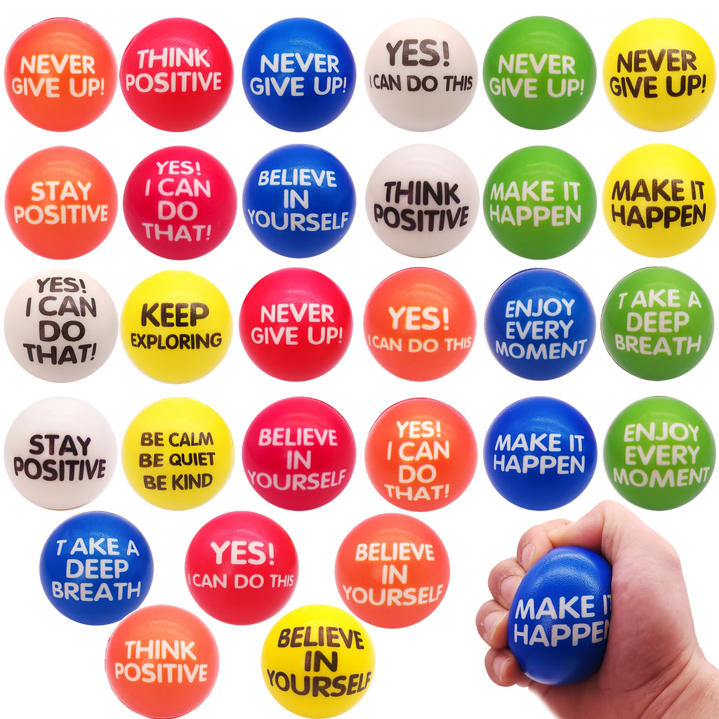 Stress Relief Squeeze Balls 30 Pack 2.48 Inch Inspirational Slogan Sponge Foam – Bulk Hand Fitness Balls for Classroom Rewards, Office Team Building & Party Favors