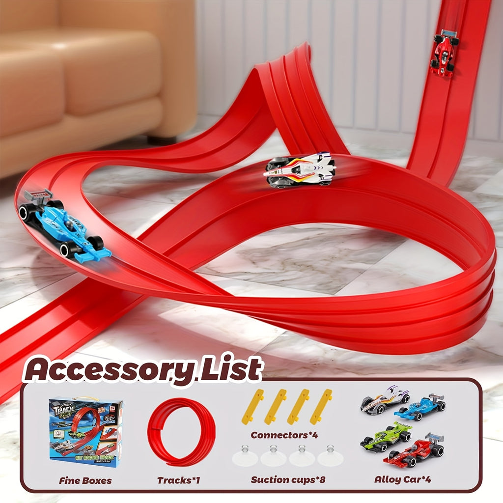 Flexible Toy Car Track Set 15ft with 4 Diecast Cars - Roll Up Race Track for Kids with Bumps Jumps Tunnels Loops, Attaches to Windows & Doors, Drop-Resistant Metal Cars, Racing Gift for Boys