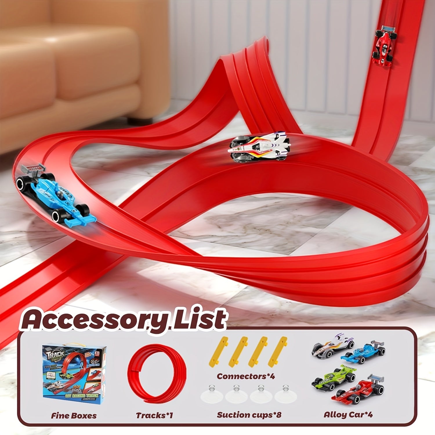 Flexible Toy Car Track Set 15ft with 4 Diecast Cars - Roll Up Race Track for Kids with Bumps Jumps Tunnels Loops, Attaches to Windows & Doors, Drop-Resistant Metal Cars, Racing Gift for Boys