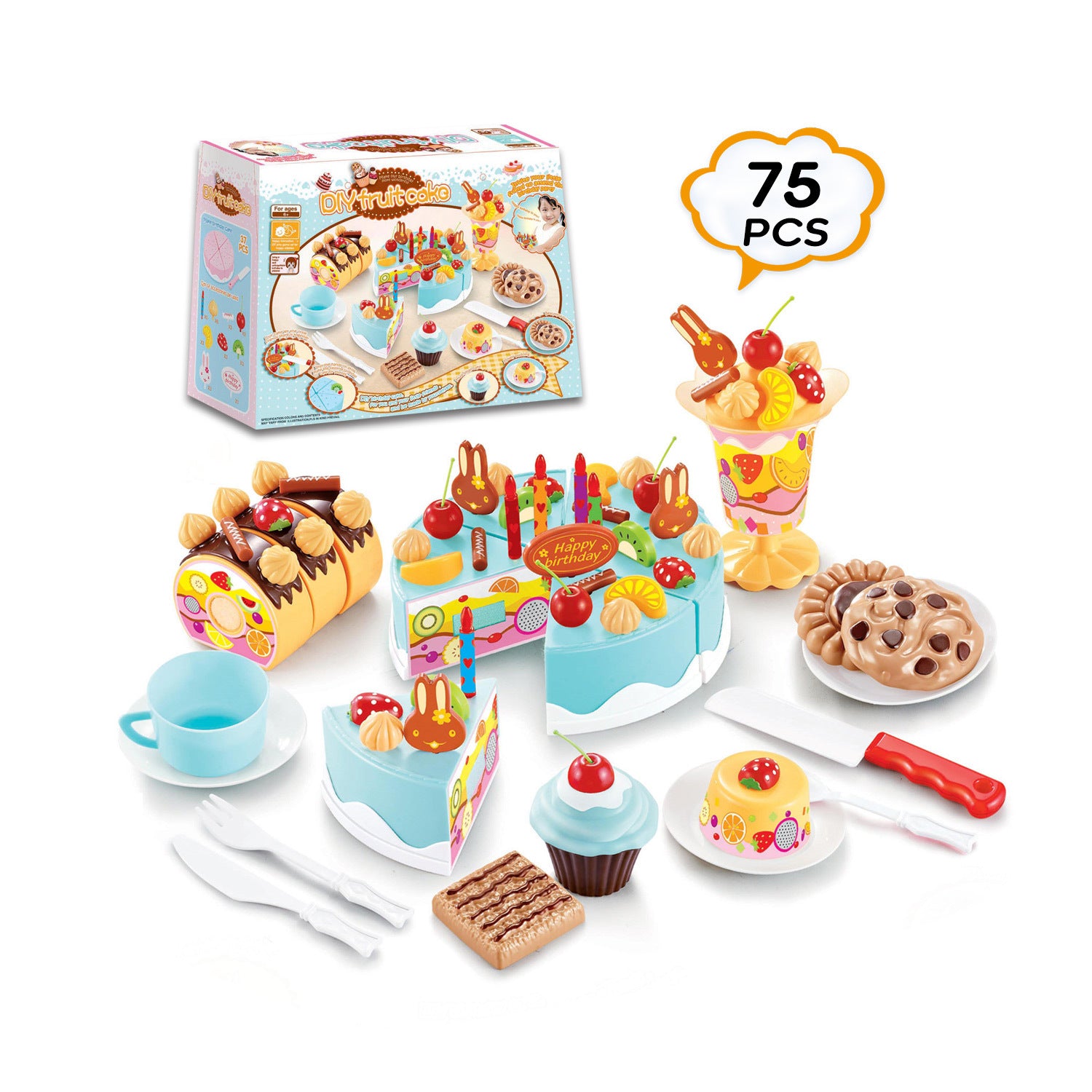 Birthday Cake Tea Party Play Food Toy Set Kids Pretend Play Cake Decorating Dessert Accessories 75-85pcs Girls Ages 3+