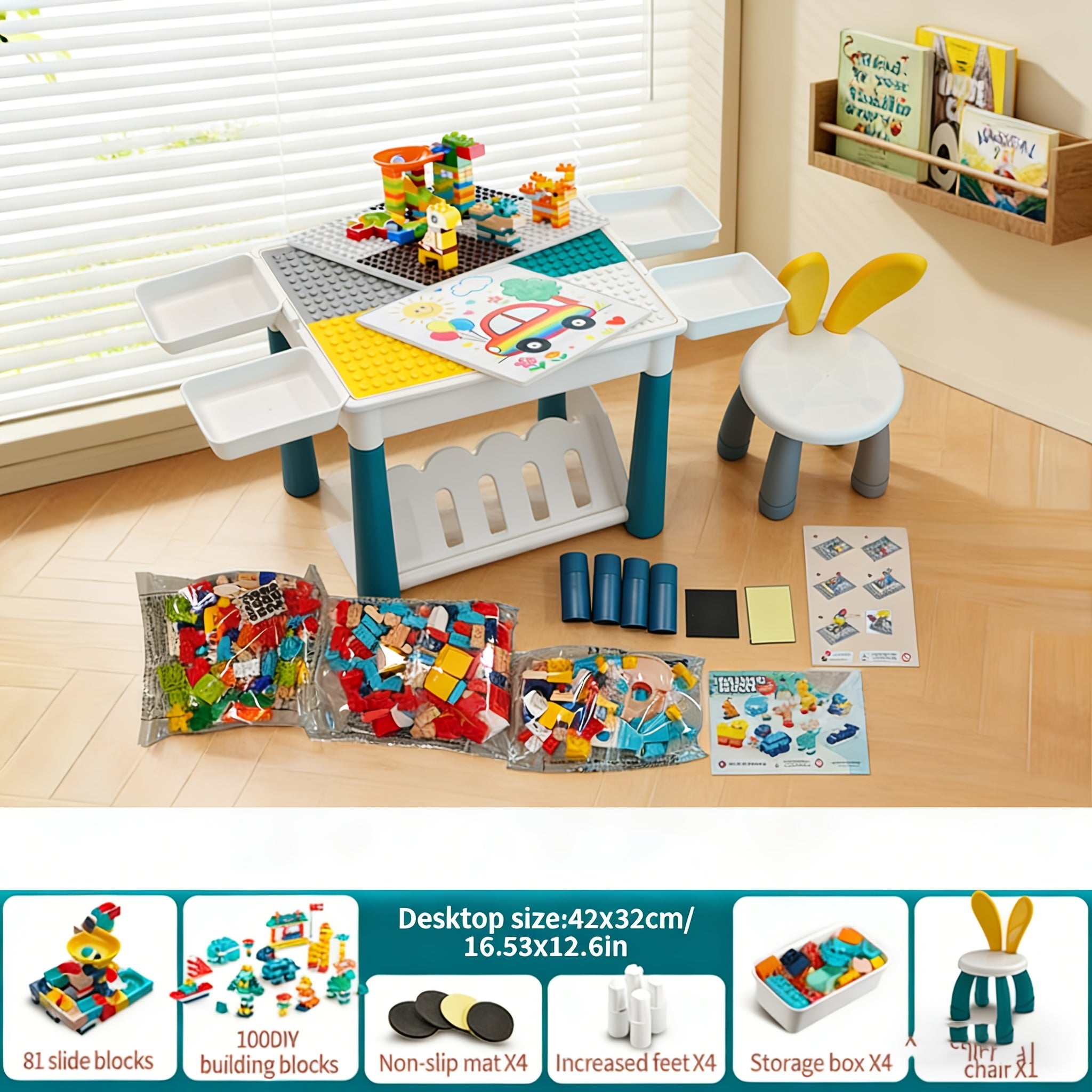 Kids Activity Table with Building Blocks All-in-One Toddler Play Table – Space-Saving Corner Design Durable ABS Plastic, Multifunctional Learning Desk Gift for Boys Girls Ages 1-6 Christmas Birthday