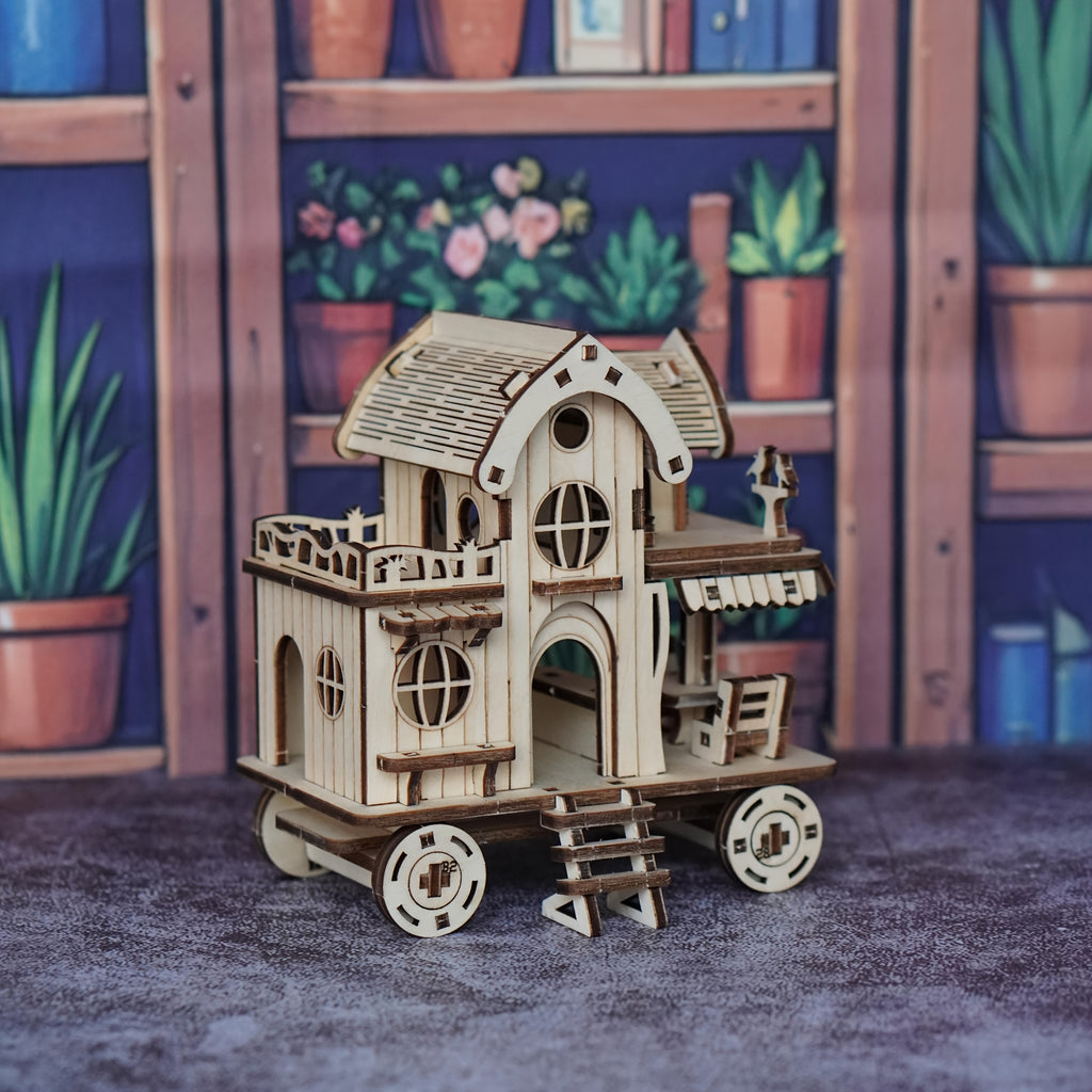 3D Wooden Puzzle Villa Model Kit, Mobile Café Bar on Wheels Handcrafted Wood Assembly Building Blocks, Creative DIY Brain Teaser Gift for Adults Teens & Kids