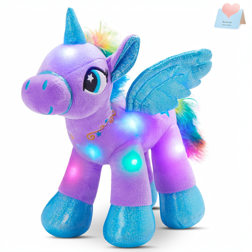 Glowing Unicorn Plush Toy 14 Inch – Purple Angel Unicorn Stuffed Animal with Flashing Night Light, Super Soft Hug Doll, Birthday Baby Shower Gift for Kids Girls, Princess Room Decor