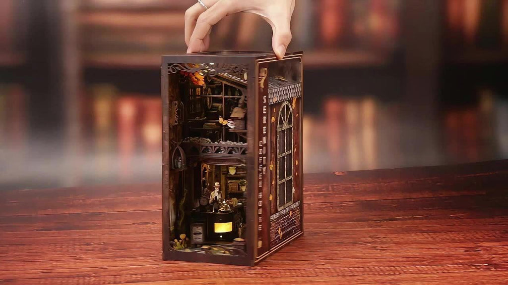 DIY Miniature Book Nook Kit with LED Light Coffee House 3D Wooden Bookshelf Insert Puzzle Dustproof Craft Kit Gift for Adults Teens Craft Lovers