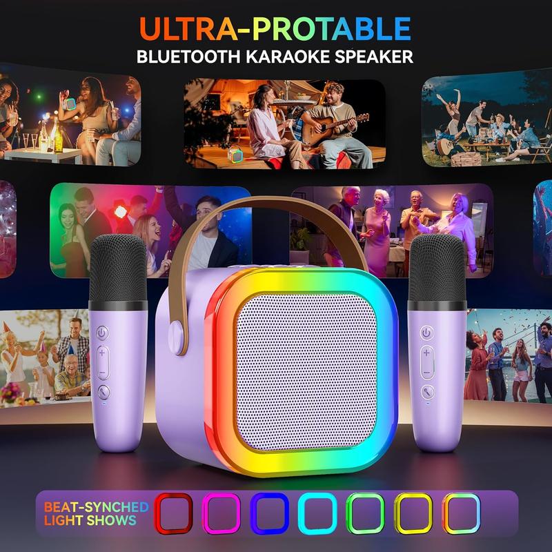 Mini Karaoke Machine for Kids with 2 Wireless Microphones, Bluetooth 5.4 Portable Speaker, 5 Voice Effects and Colorful Lights for Family Parties