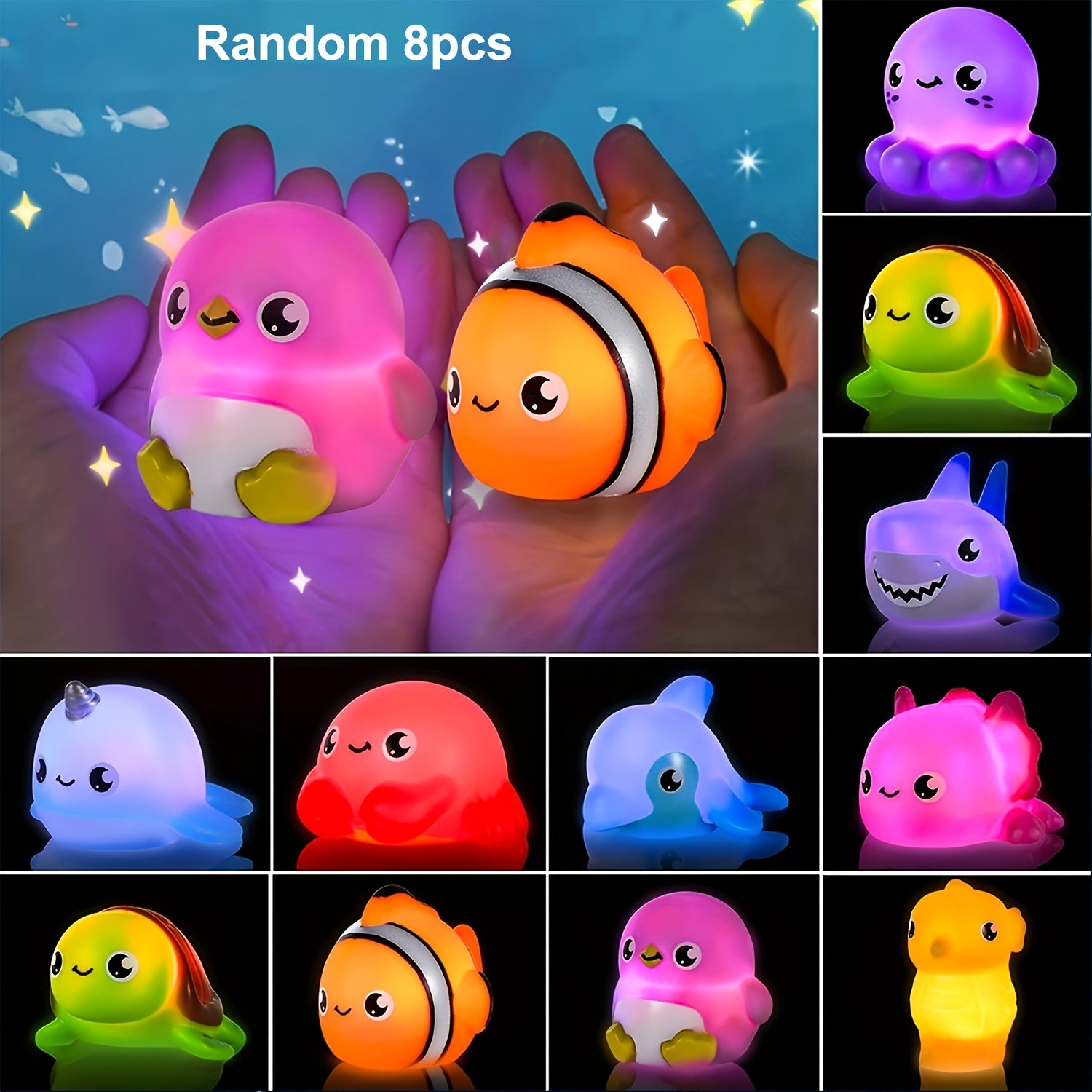 Light Up Bath Toys Sea Animals for Baby Toddlers - Glow in Water Bathtub Pool Toy Set 2 6 8 10 Pcs, Colorful Ocean Animal Water Toys, Birthday Gift for Boys Girls