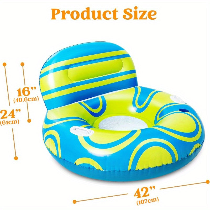 Inflatable Pool Float Lounger for Adults – Floating Chair Sofa with Big Backrest Mesh Bottom Cup Holder Handle – Blow Up River Lake Raft for Pool Party (Blue Yellow)