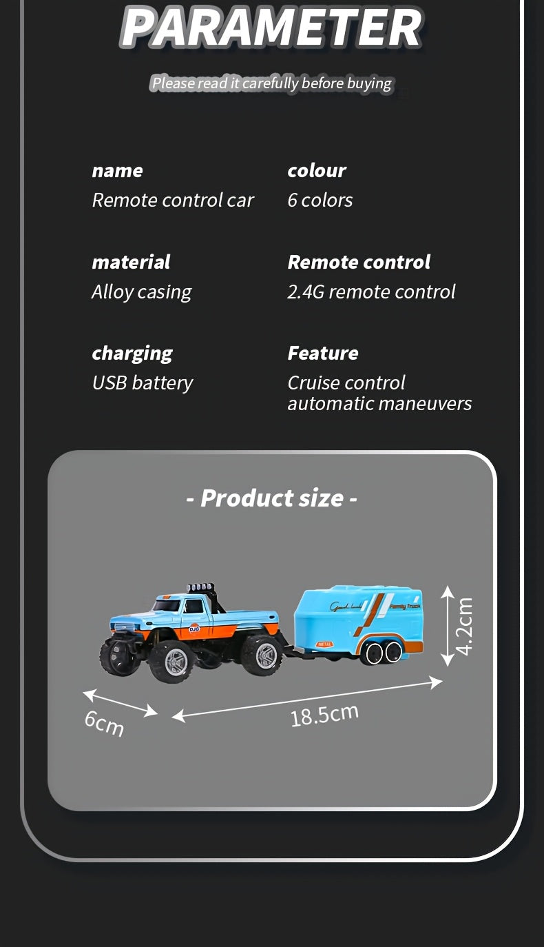 1:64 Mini RC Alloy Monster Truck with Trailer - 2.4GHz Off-Road Pickup Rock Crawler, Body Lights & Headlights, Tabletop Decor, Birthday Christmas Gift for Boys