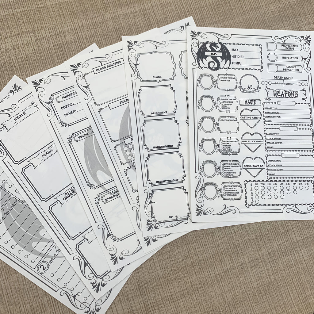 DnD 5e Character Sheet Spell Tracker Journal 60 Pages A5 – 10 Sets of 6 Unique Pages for Dungeons & Dragons Campaigns, RPG Player Character Tracker Gift for Dungeon Masters & Tabletop Gamers