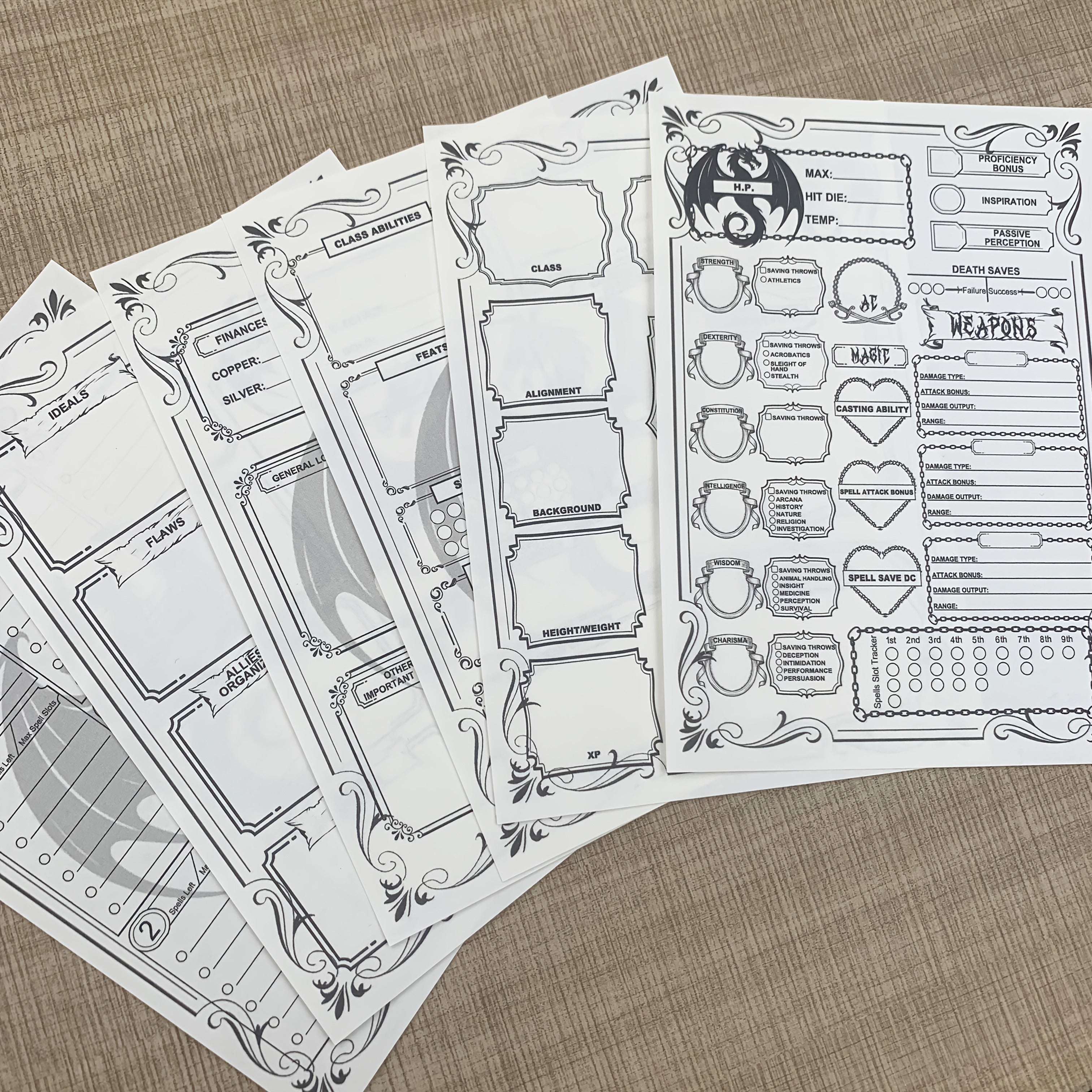 DnD 5e Character Sheet Spell Tracker Journal 60 Pages A5 – 10 Sets of 6 Unique Pages for Dungeons & Dragons Campaigns, RPG Player Character Tracker Gift for Dungeon Masters & Tabletop Gamers