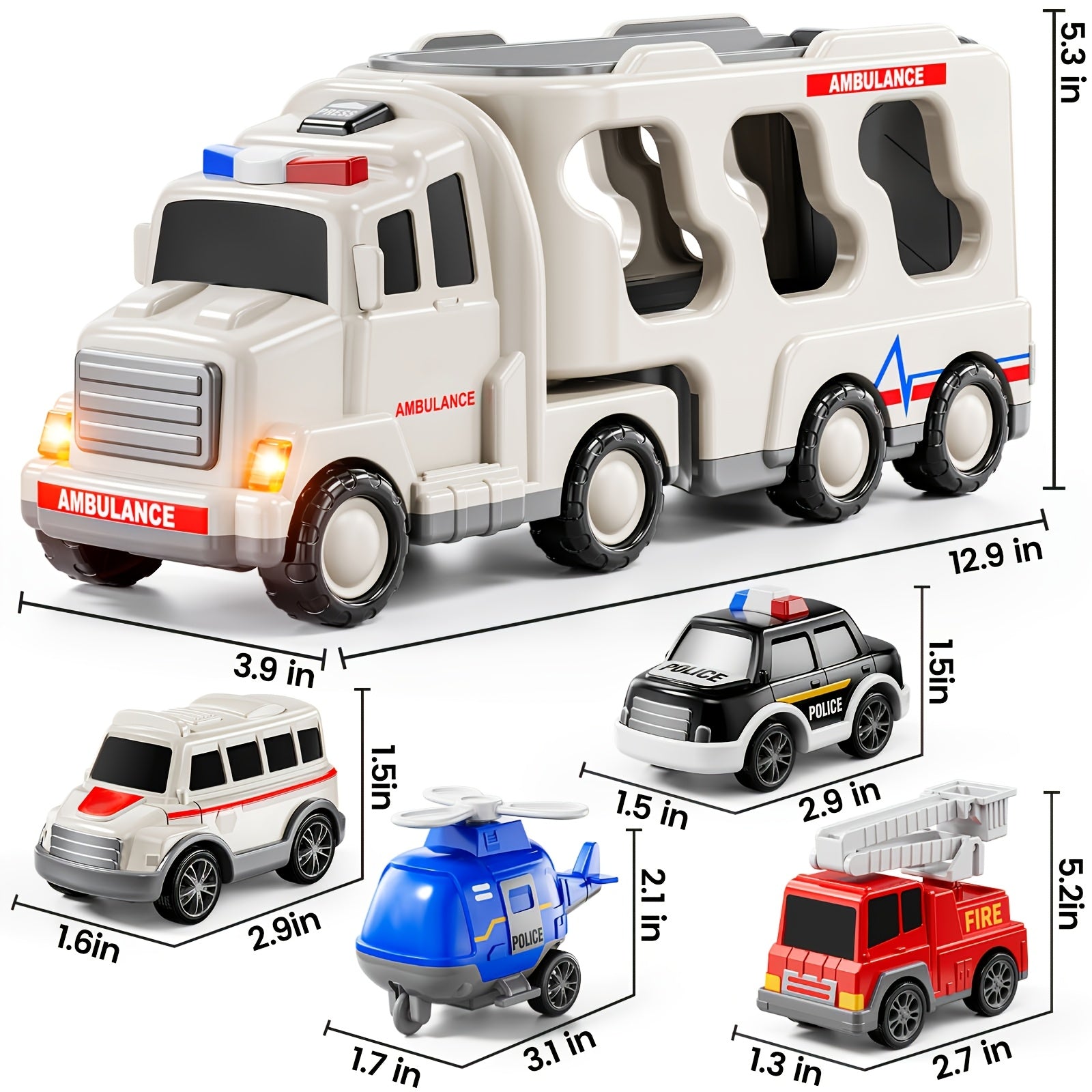 5-in-1 Ambulance Fire Truck Carrier Toy with Lights Sounds Friction Power Emergency Vehicle Playset for Kids Boys Girls Toddlers Ages 3 4 5 Birthday Christmas