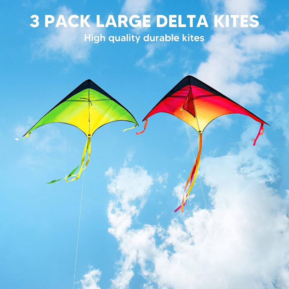 Large Delta Kite 3 Pack for Kids Adults, Easy to Fly Gradient Colorful Kites with 262.5ft String & Flowing Tails, Outdoor Beach Park Toy for Boys Girls Family, Birthday Summer Holiday Gift