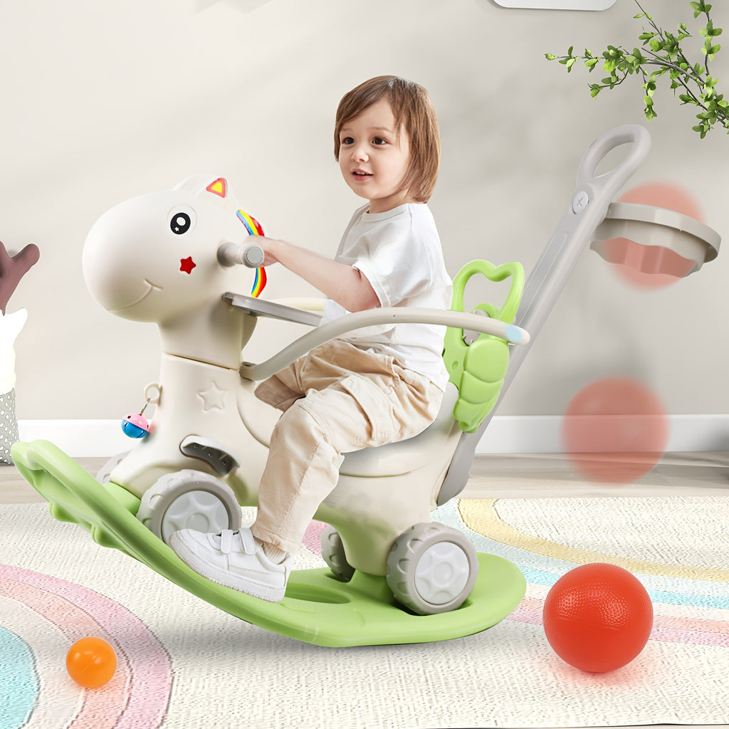 4-in-1 Rocking Horse with Basketball Hoop & Safety Push Rod for Toddlers 1+ – Ride-On Bike, Balance Bike & Balance Board, Indoor Outdoor Baby Balance Toy, Birthday Gift Boys & Girls