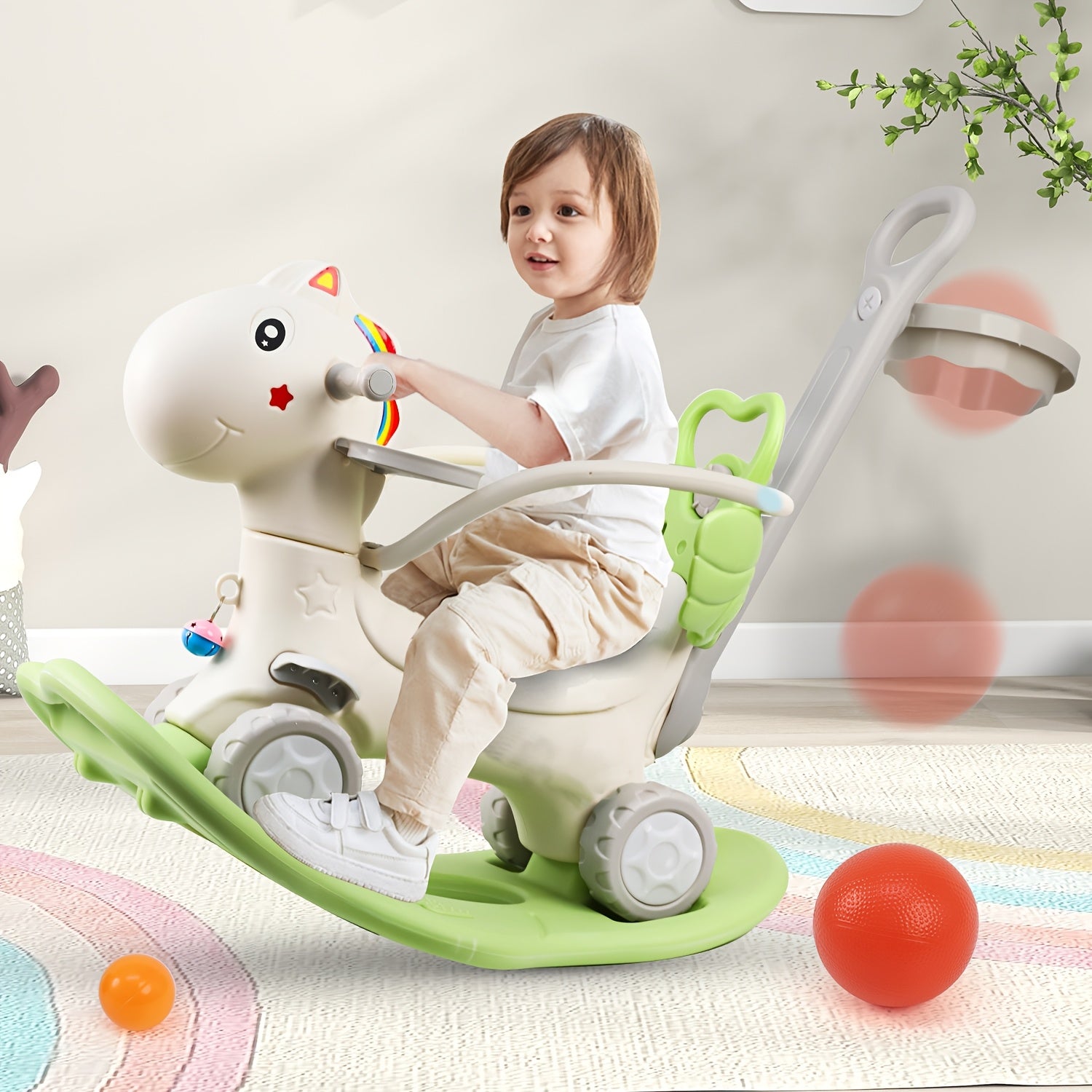 4-in-1 Rocking Horse with Basketball Hoop & Safety Push Rod for Toddlers 1+ – Ride-On Bike, Balance Bike & Balance Board, Indoor Outdoor Baby Balance Toy, Birthday Gift Boys & Girls