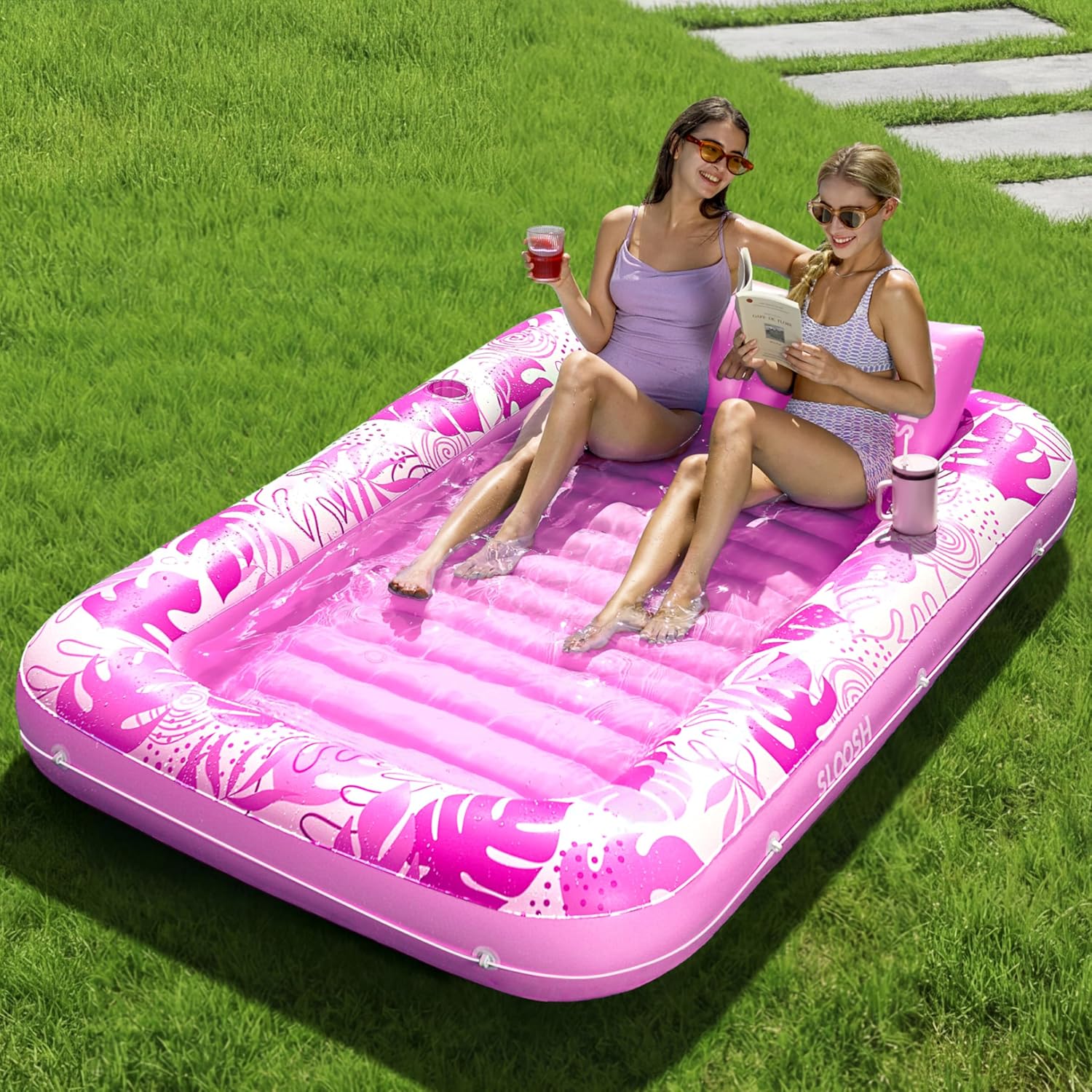 Extra Large Inflatable Tanning Pool Lounger Float – 4-in-1 Hot Pink Suntan Tub Raft with Pillow, Sunbathing Lounge Float & Ball Pit for Adults, Pool Party Gift for Women