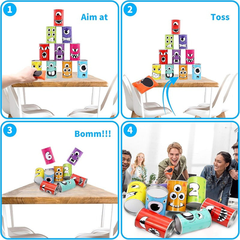 Monster Knockdown Can Game 13pcs – Carnival Bean Bag Toss Set for Kids Ages 3+ Outdoor Lawn Halloween Birthday Easter Party Favor Classroom Gift
