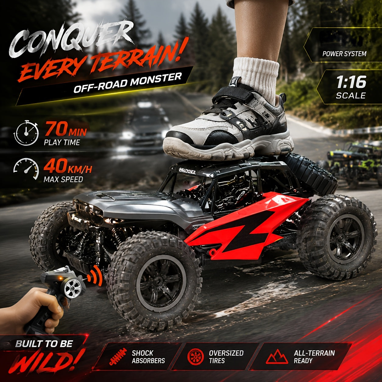 High-Speed RC Off-Road Truck with Full Bearings & Durable Alloy Steel - Remote Control Monster Truck for Boys Ages 6+ Halloween Christmas Birthday Gift