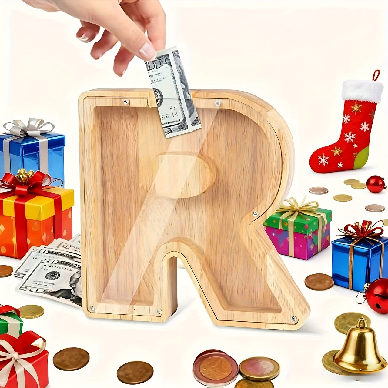 Wooden Alphabet Piggy Bank Money Jar – Large Personalized Letter Coin Savings Bank, Kids & Adults Christmas Birthday Gift, 26 Models A-Z