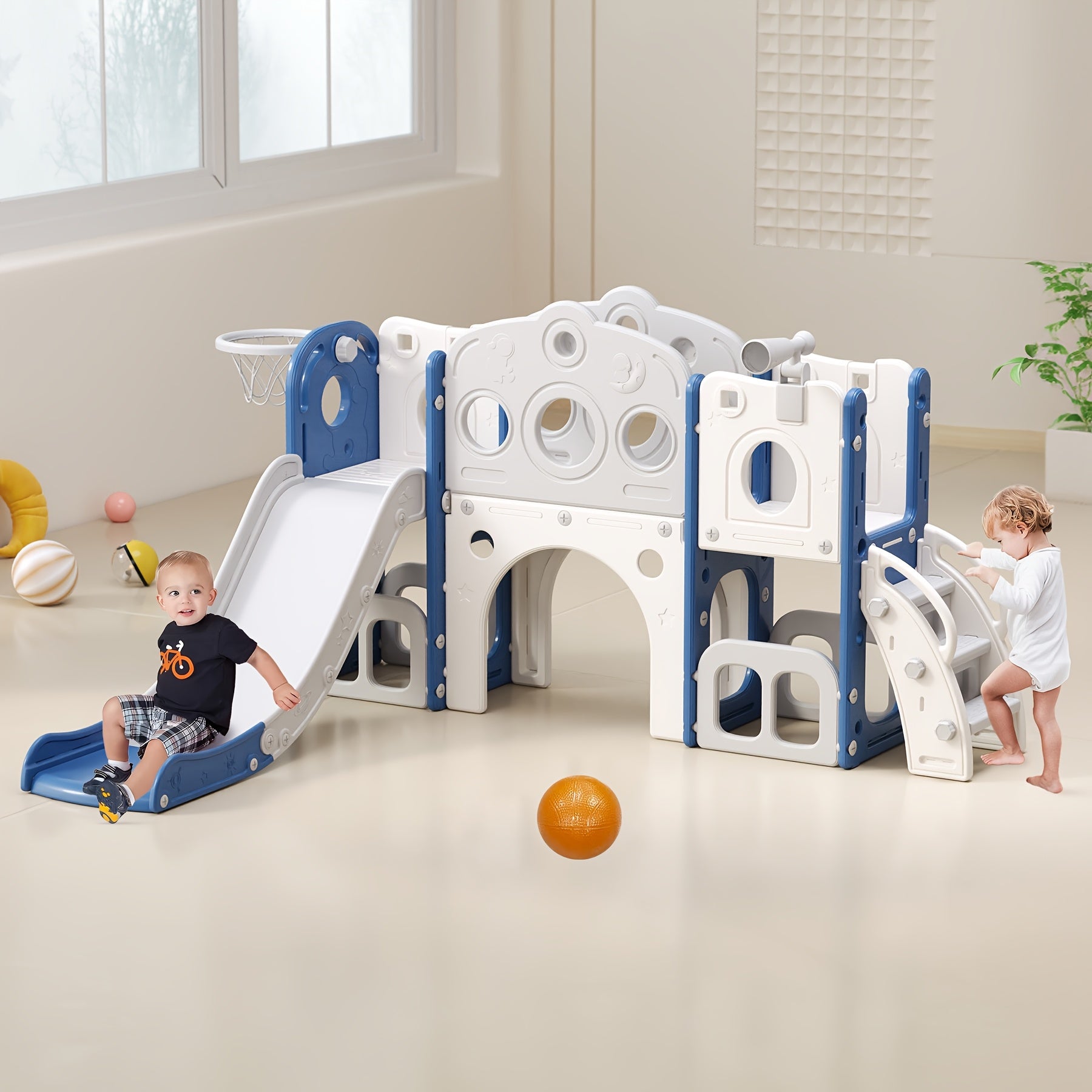 Toddler Slide Playset with Basketball Hoop and Telescope Indoor Outdoor Backyard Playground for Babies Kids Ages 1-3 Climbing Toy Gift