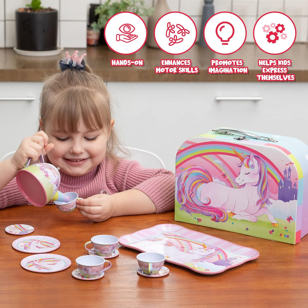 Unicorn Tea Party Set for Girls 15 Pcs Pretend Play Pink Tin Teapot Set with Carrying Case Toddler Tea Set Birthday Christmas Gift Ages 3 and Up