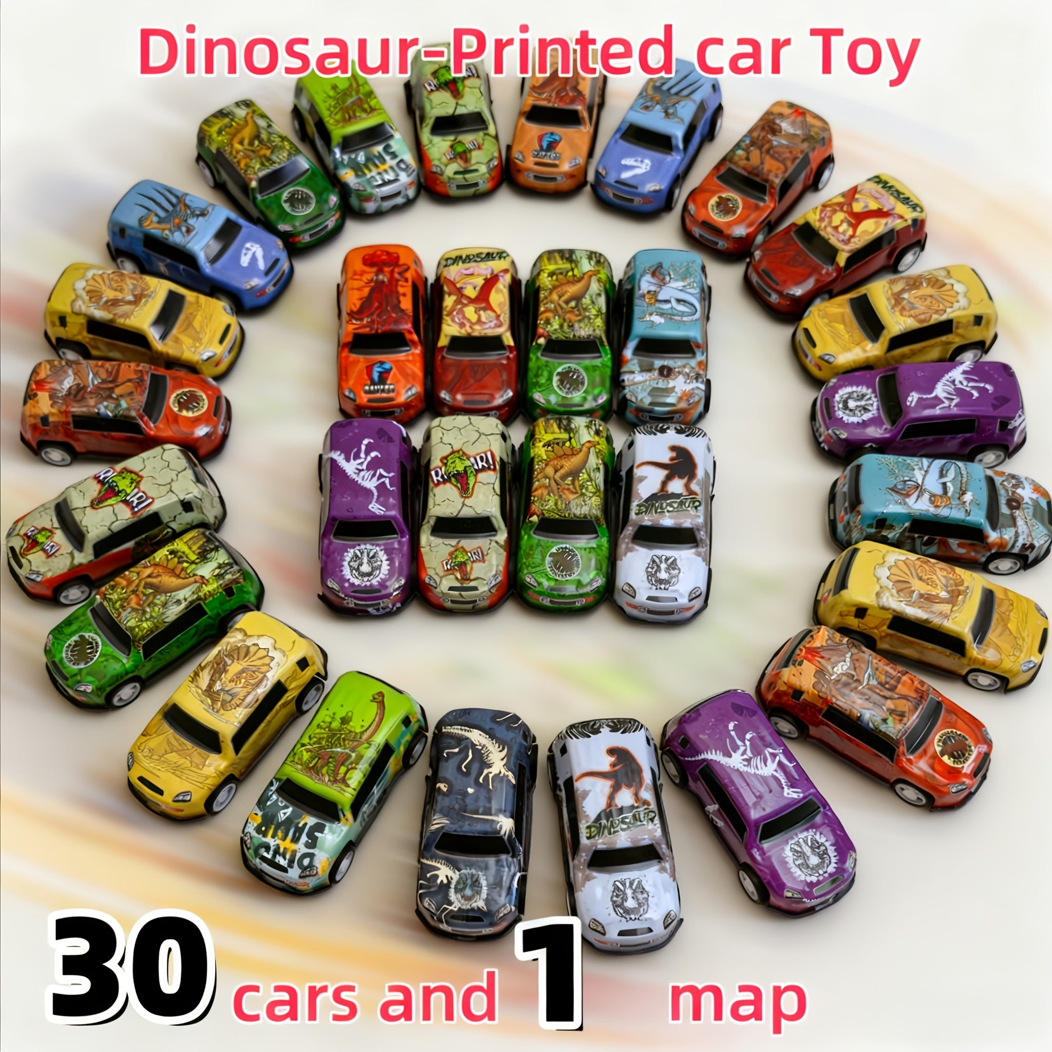 Dinosaur Toy Car Set 29-30pcs Pull Back Mini Racing Cars with City Traffic Map T-Rex Spinosaurus Figures No Battery Kids Party Favors Boys Girls Ages 3+ Gift