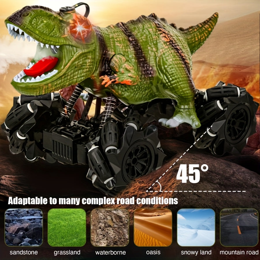 4WD Dinosaur Monster Truck RC Car with LED Lights Music & Ergonomic Handle - 2.4GHz All-Terrain Off-Road Remote Control Stunt Car Large Tires for Kids Boys Girls Birthday Gift
