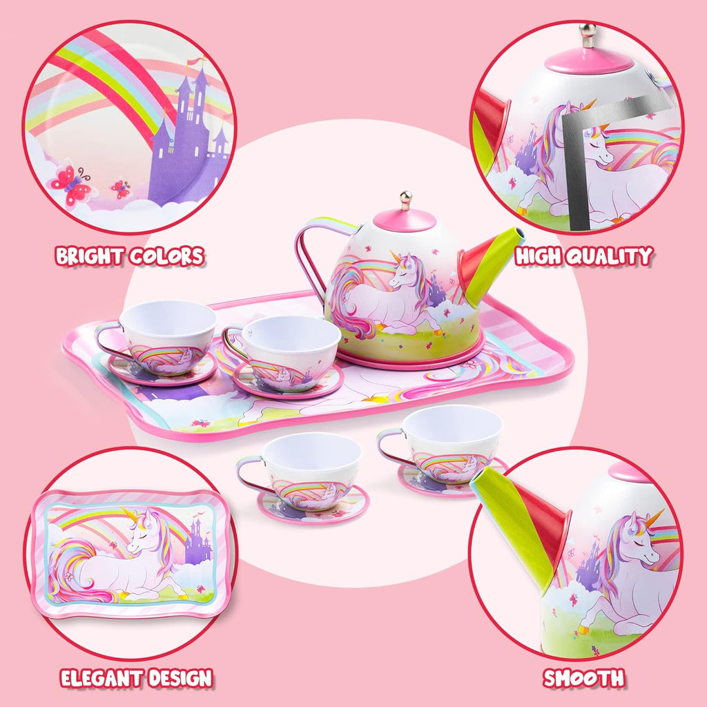 Unicorn Tea Party Set for Girls 15 Pcs Pretend Play Pink Tin Teapot Set with Carrying Case Toddler Tea Set Birthday Christmas Gift Ages 3 and Up