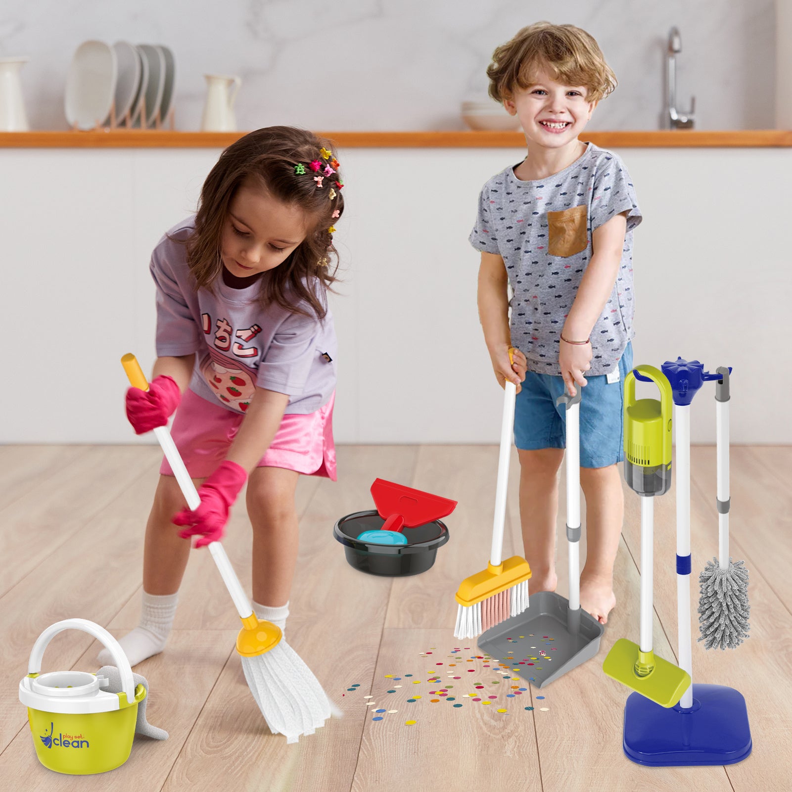 Kids Cleaning Toy Set 14 Pcs Pretend Play Housekeeping Playset with Electric Vacuum That Really Works Broom Dustpan Mop Birthday Gift Girls Boys