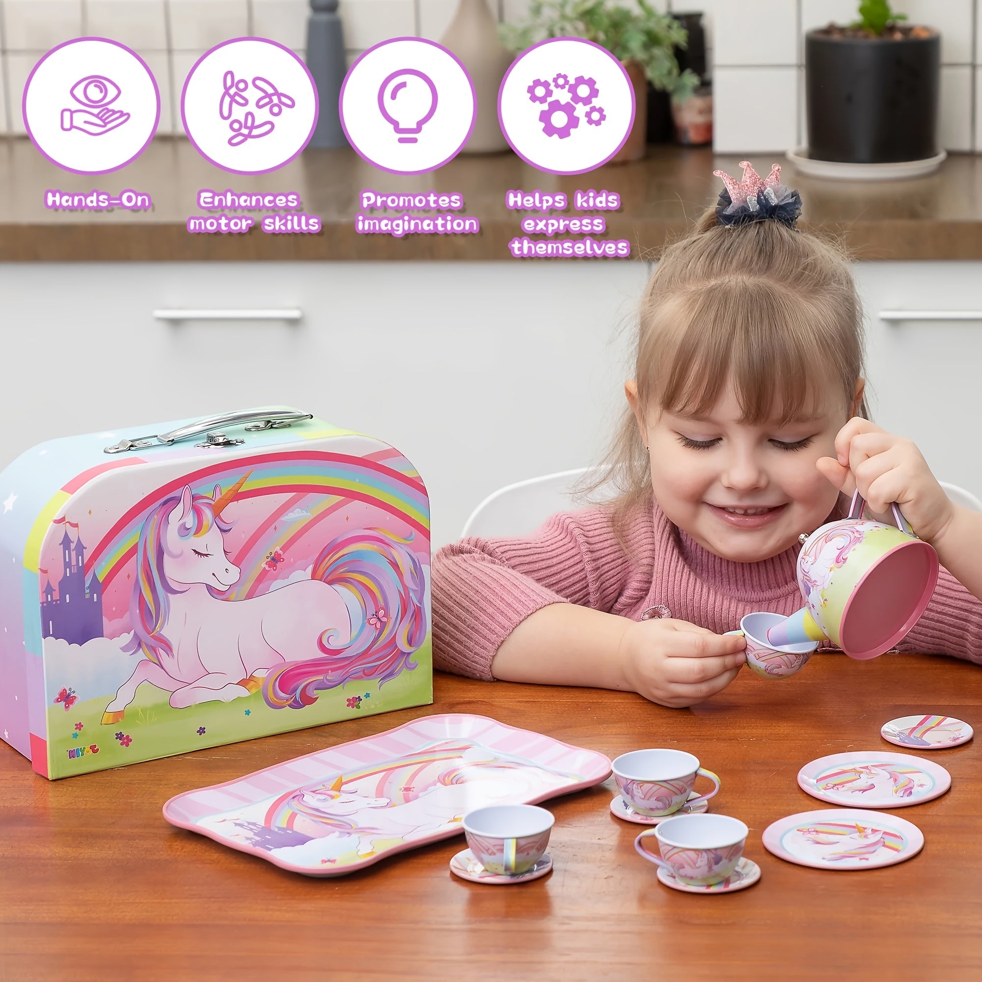 Unicorn Tea Party Set for Girls 15 Pcs Pretend Play Pink Tin Teapot Set with Carrying Case Toddler Tea Set Birthday Christmas Gift Ages 3 and Up