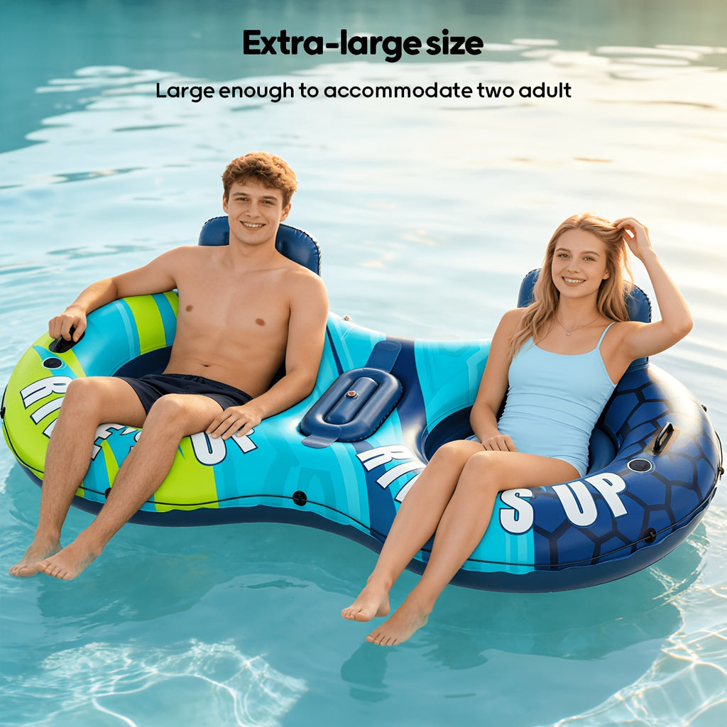 Inflatable Water Float Tube 2-Person 93 Inch 660lb Capacity Heavy Duty Pool River Lake Floating Lounge with Backrest Cooler & Cup Holders – Outdoor Summer Water Leisure