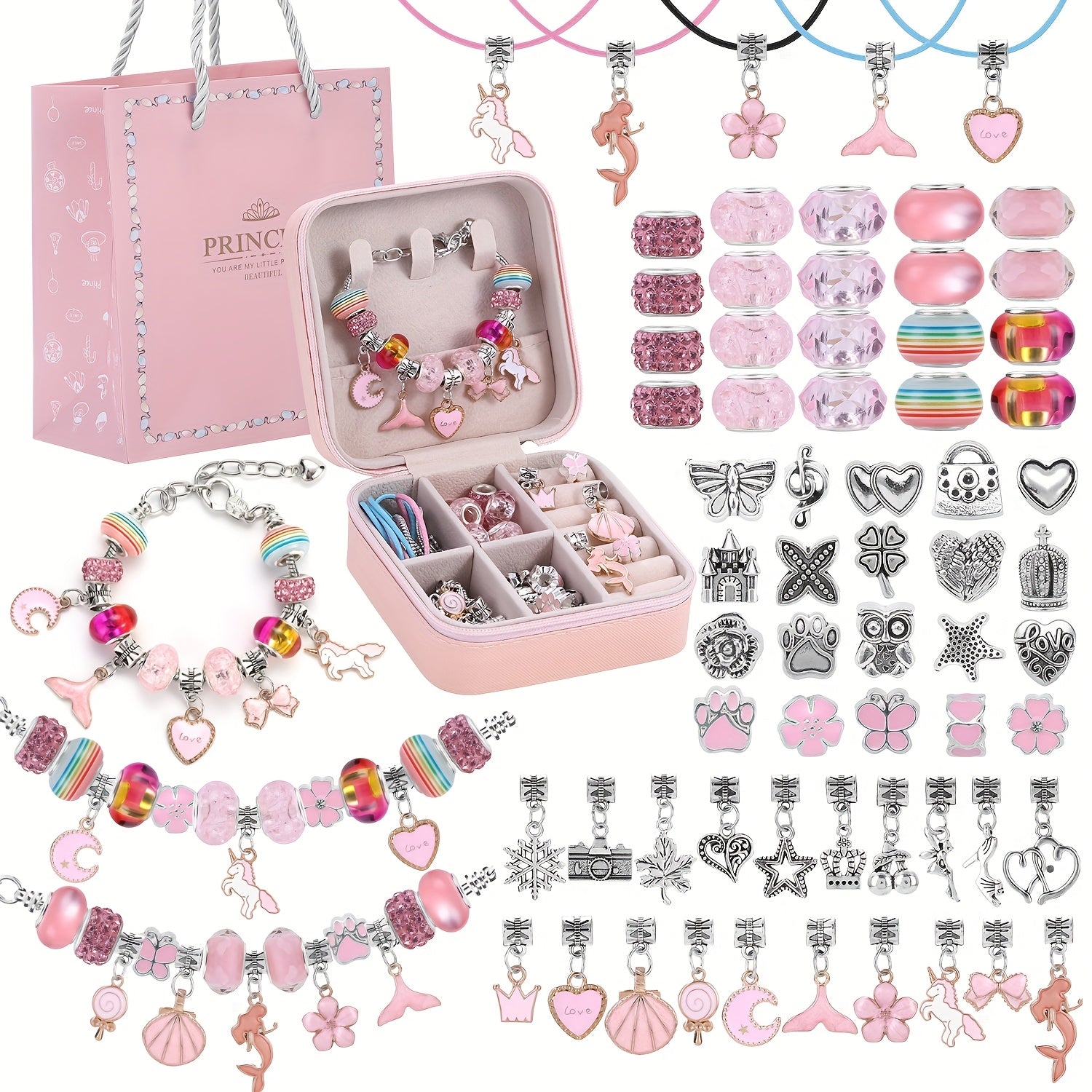 Pink Bracelet Making Set with Portable Jewelry Box – Unicorn & Mermaid Jewelry Making Crafts for Girls, Handmade Bracelet Kit, Birthday Christmas Graduation Gift for Teen Girls & Women