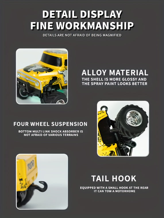 Mini RC Alloy Off-Road Monster Truck 1:64 Scale – 2.4GHz High-Speed Remote Control Crawler with LED Headlights, Street Graffiti Design, Cool Gift for Boys Kids and Adults